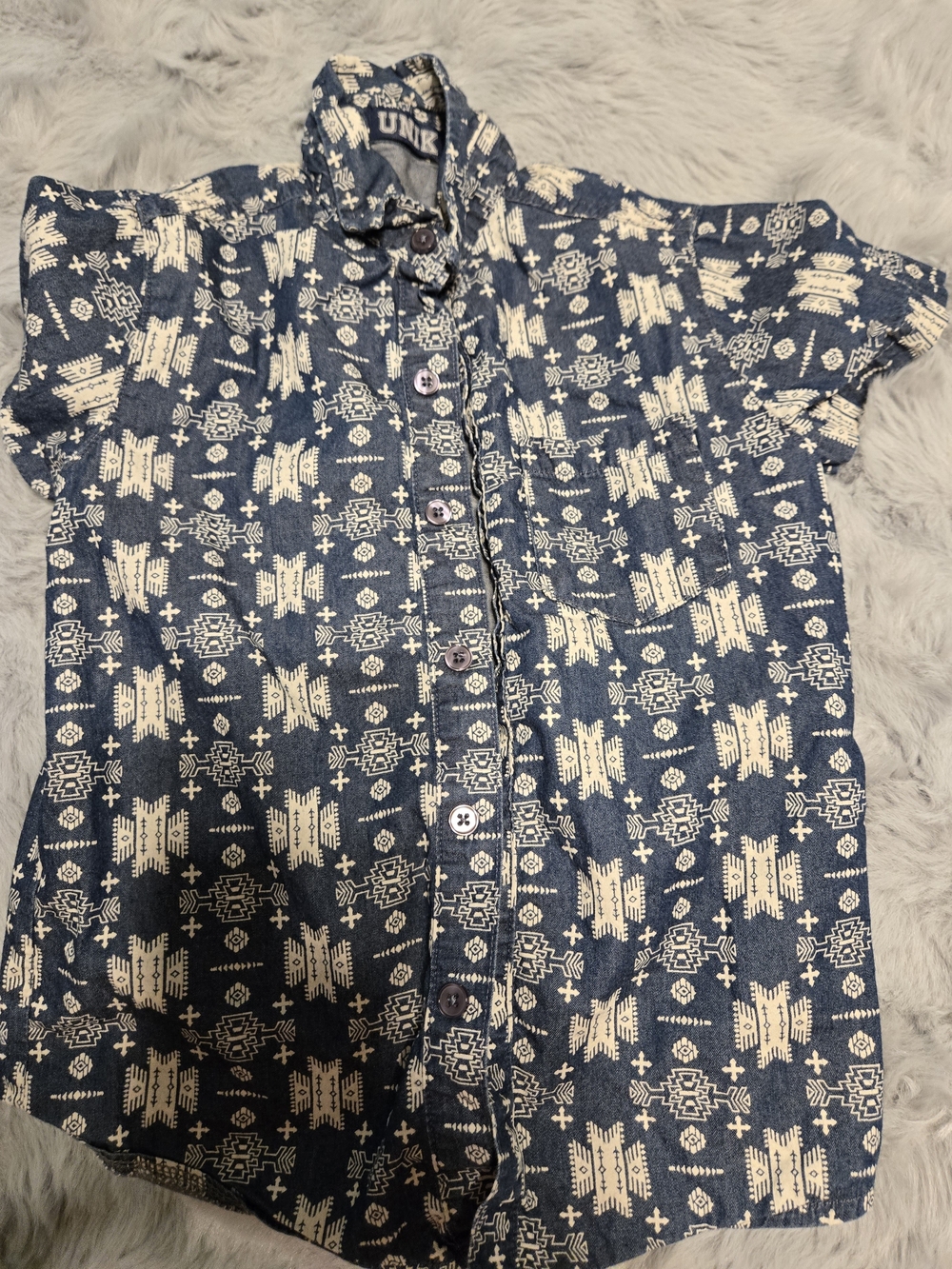 UNIK Boys Chambray Aztec Print Button Up Shirt Size 4 Toddler Short Sleeve Cotto